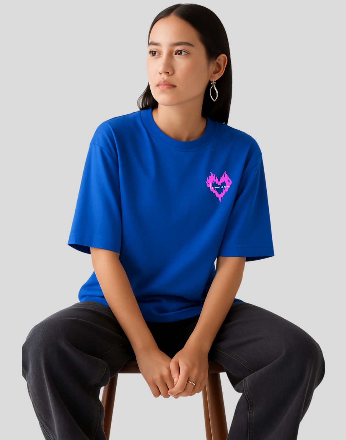 Women Royal Blue Oversized Front Back Graphic Print Tshirt