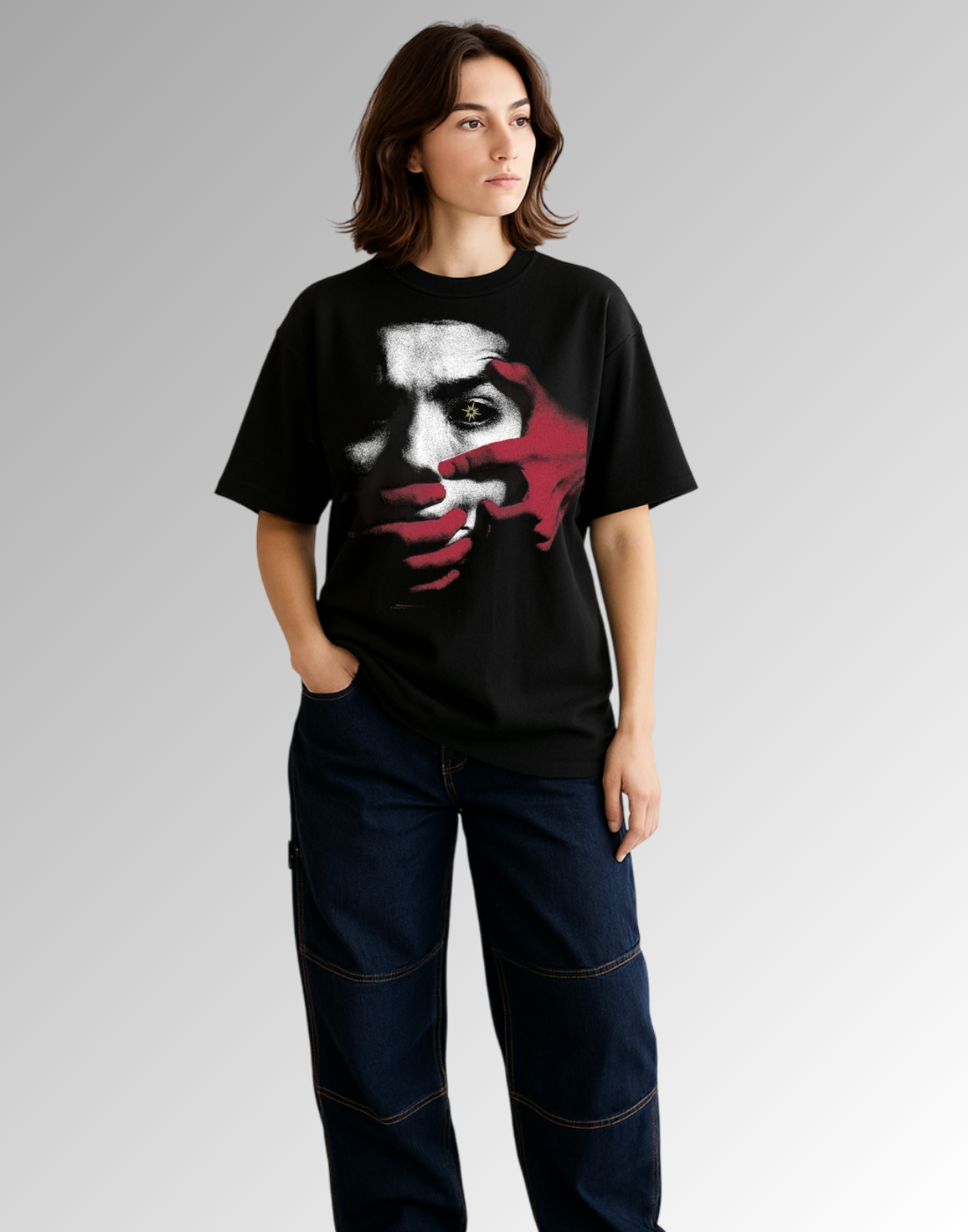 Face Black Oversized Graphic Printed Tshirt for Women