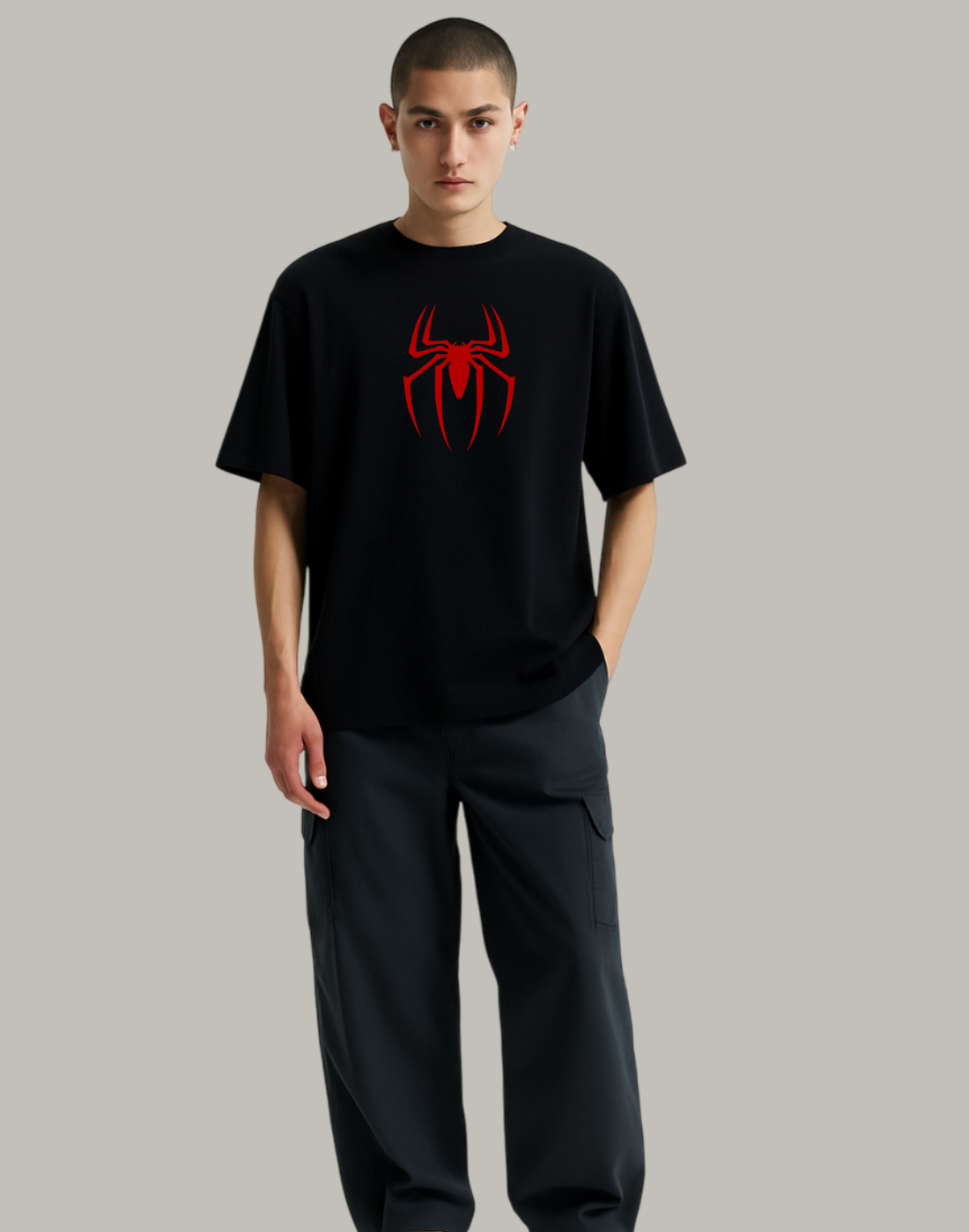 Men Black Oversized Front Spider Graphic Printed Tshirt