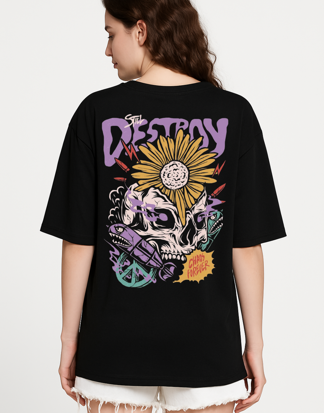 Women Black Oversized Front Back Graphic Print Tshirt