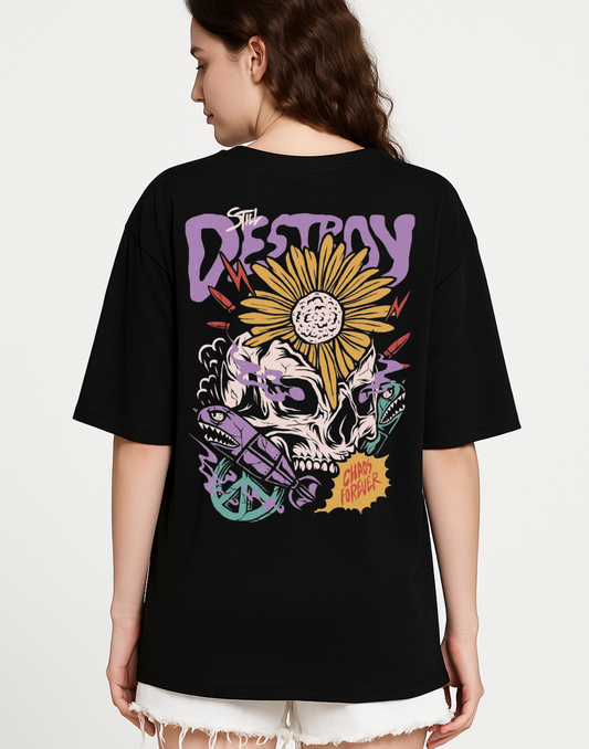 Women Black Oversized Front Back Graphic Print Tshirt