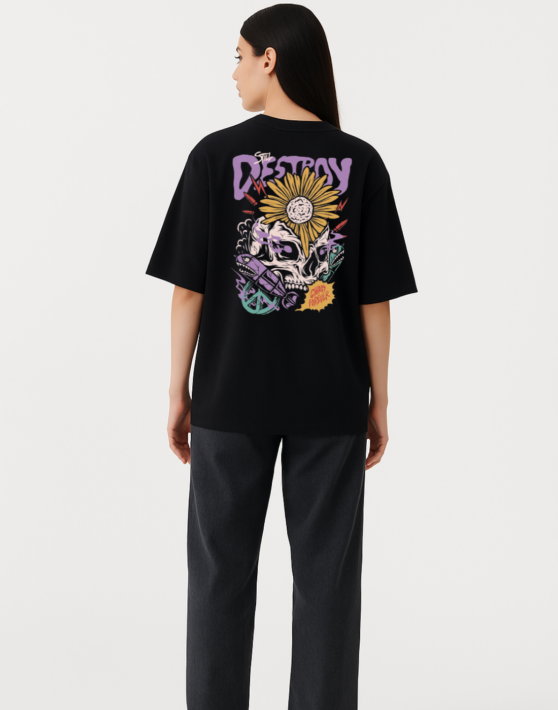 Women Black Oversized Front Back Graphic Print Tshirt