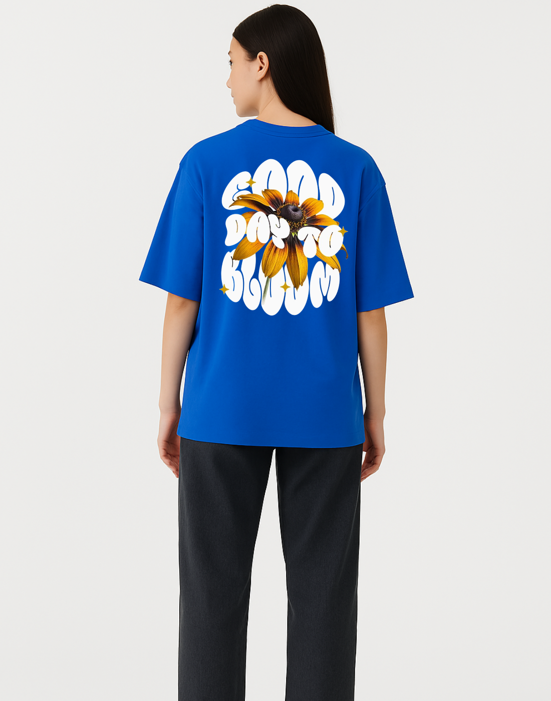Women Royal Blue Oversized Front Back Graphic Print Tshirt