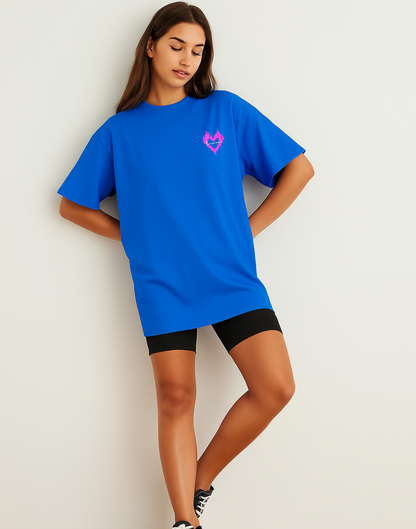 Women Royal Blue Oversized Front Back Graphic Print Tshirt