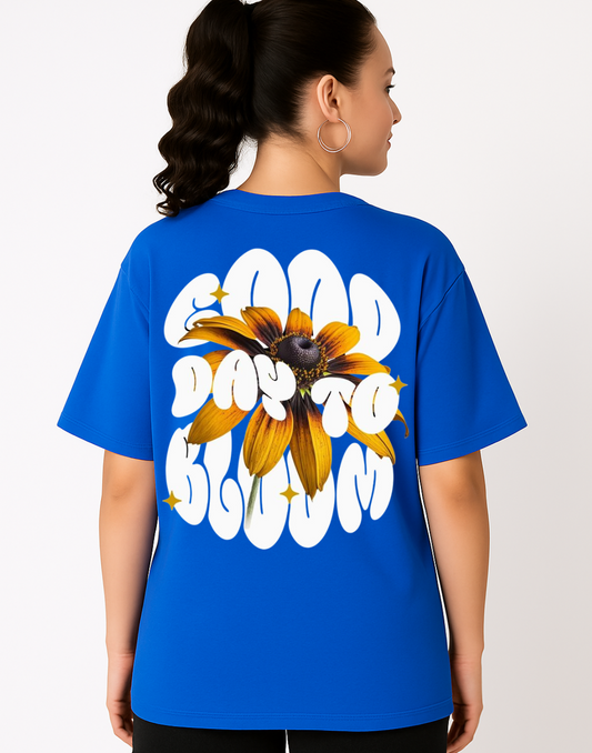 Women Royal Blue Oversized Front Back Graphic Print Tshirt