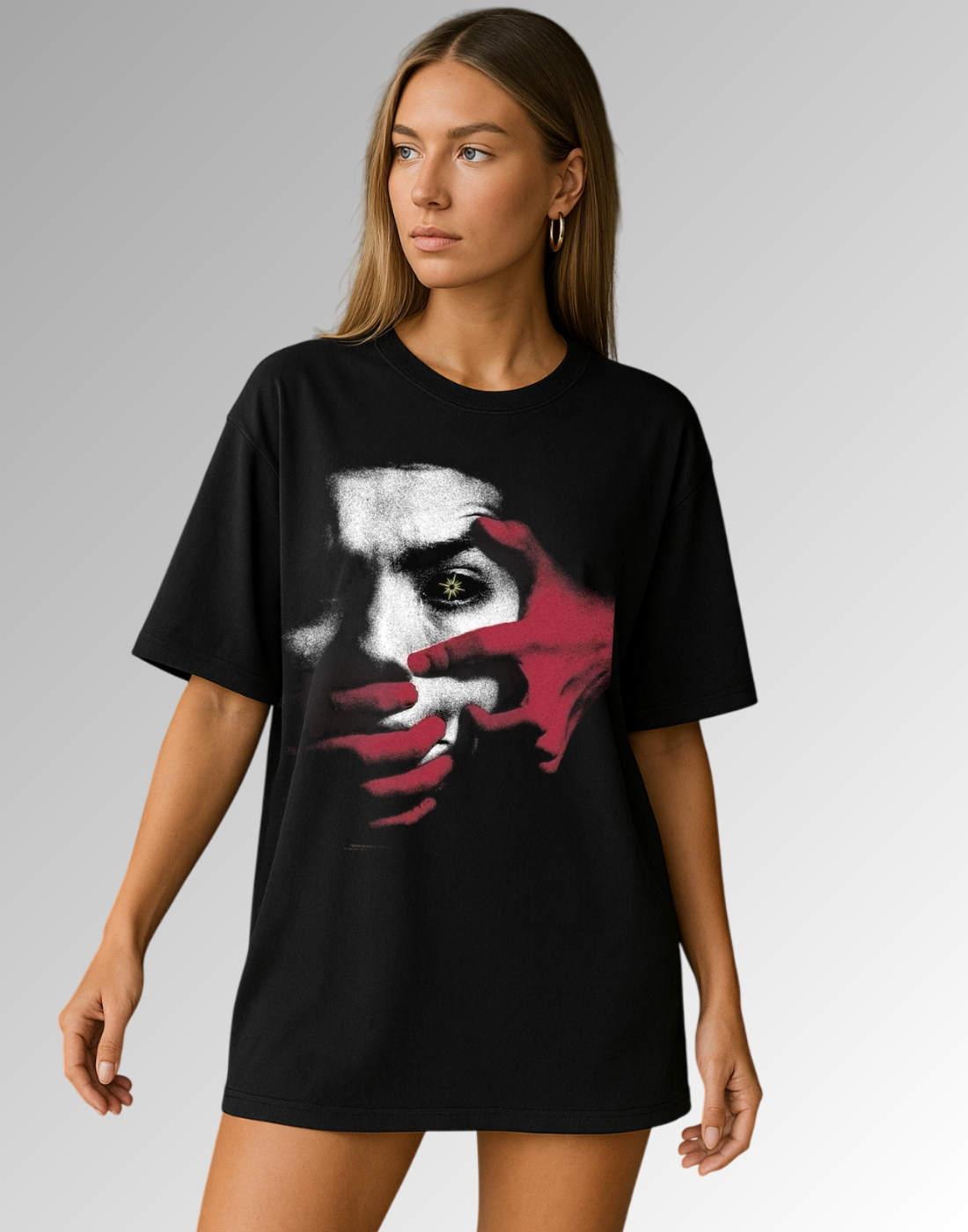Face Black Oversized Graphic Printed Tshirt for Women