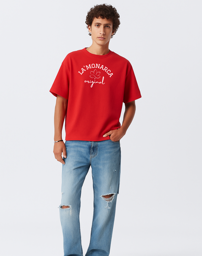 La Monarca Original Red Oversized Typography Printed Tshirt