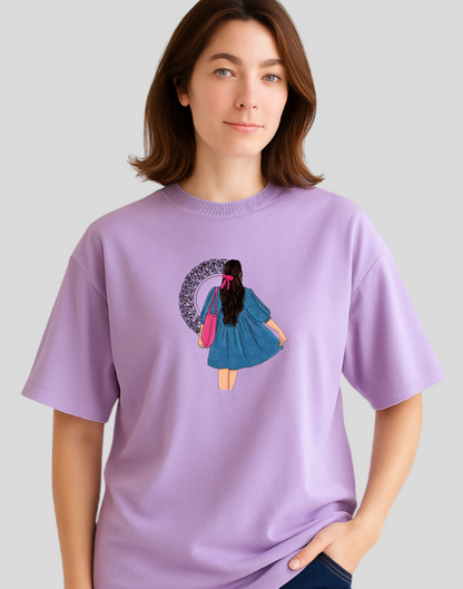 Women Lavender Oversized Front Graphic Print Tshirt