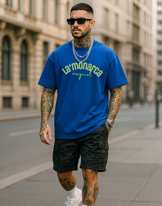 Men Royal Blue Oversized Front Typography Printed Tshirt