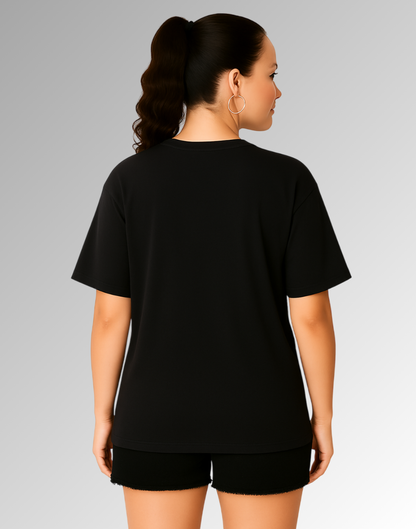 Face Black Oversized Graphic Printed Tshirt for Women