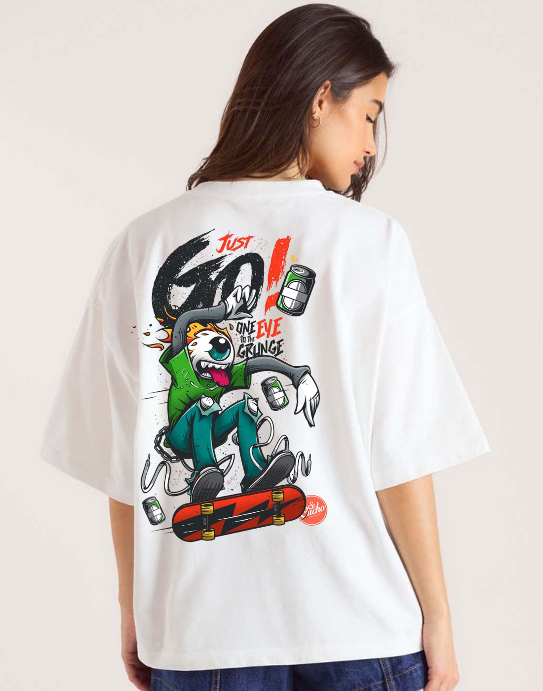 White Oversized Graphic Printed Tshirt for Women