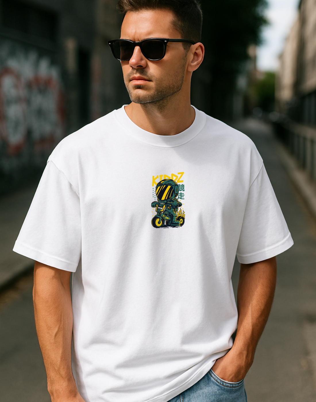 Kiddz White Oversized Graphic Printed Tshirt