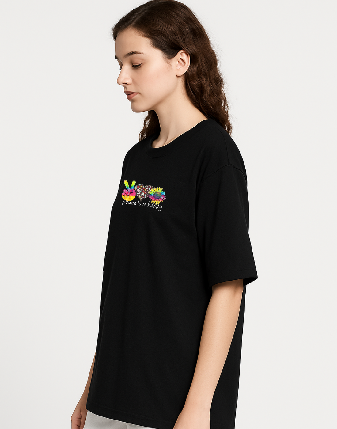 Peace Love Beauty Black Oversized Graphic Printed Tshirt