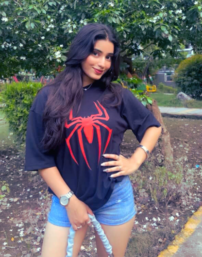 Men Black Oversized Front Spider Graphic Printed Tshirt