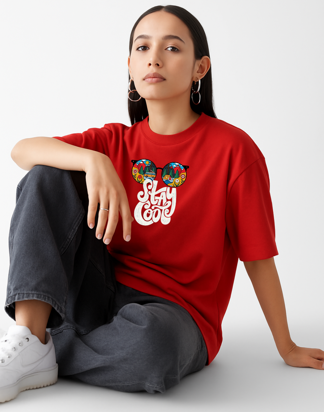 Stay Cool Oversized Front Graphic Printed Red Tshirt