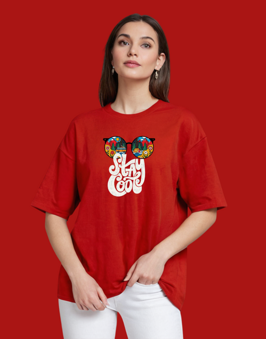 Stay Cool Oversized Front Graphic Printed Red Tshirt