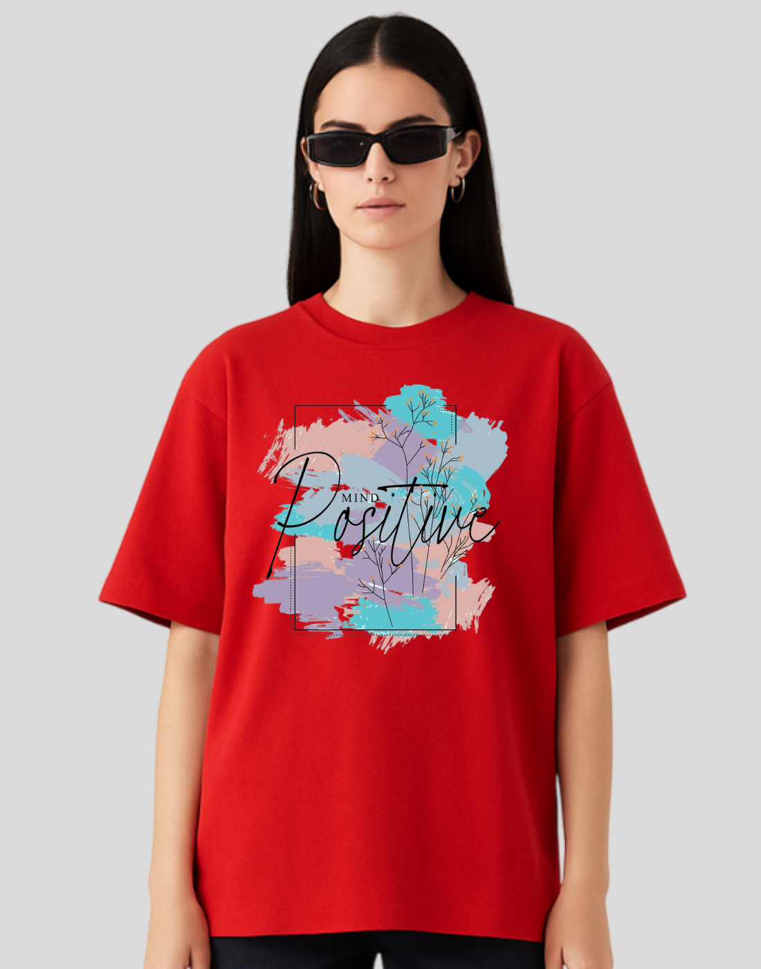 Women Red Oversized Front Graphic Print Tshirt