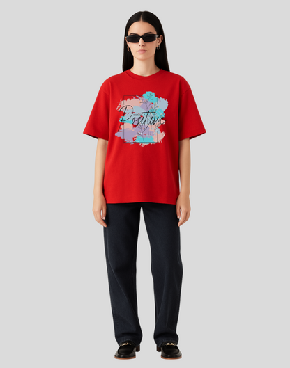 Women Red Oversized Front Graphic Print Tshirt