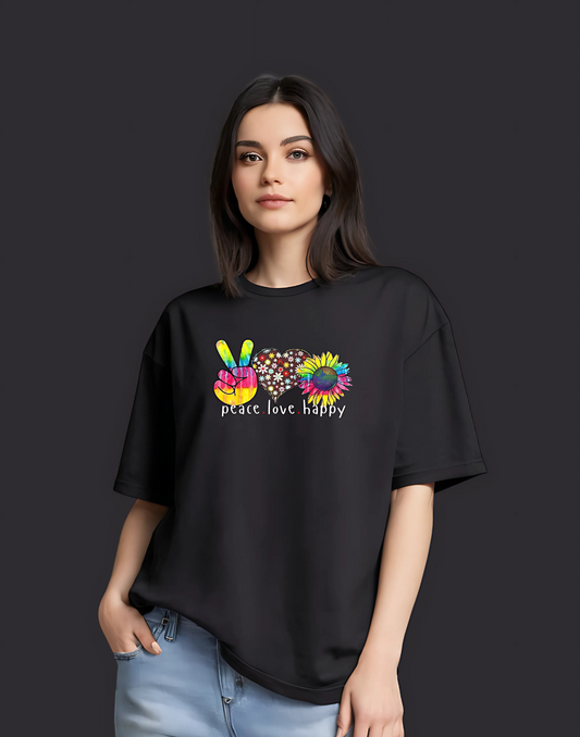 Peace Love Beauty Black Oversized Graphic Printed Tshirt