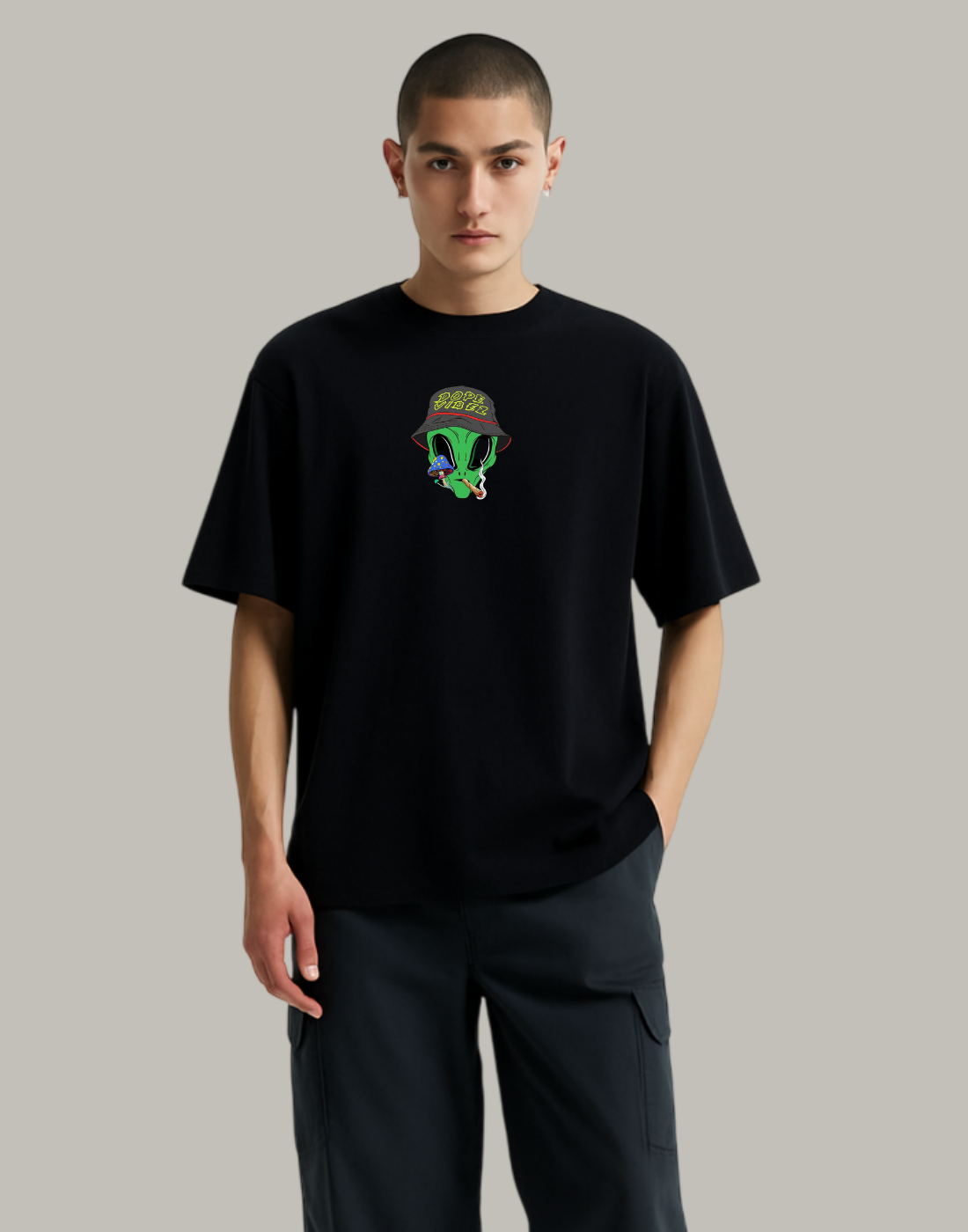 Alien Dope Vibez Black Oversized Typography Printed Tshirt