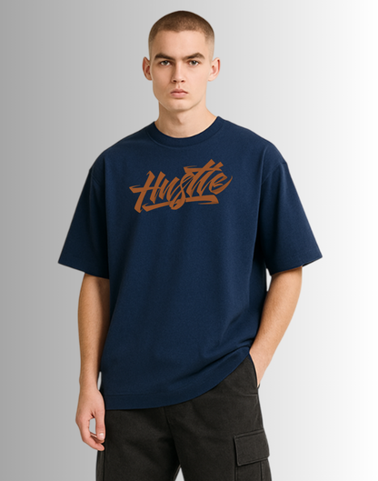 Hustle  Navy Blue Oversized Typography Printed Tshirt