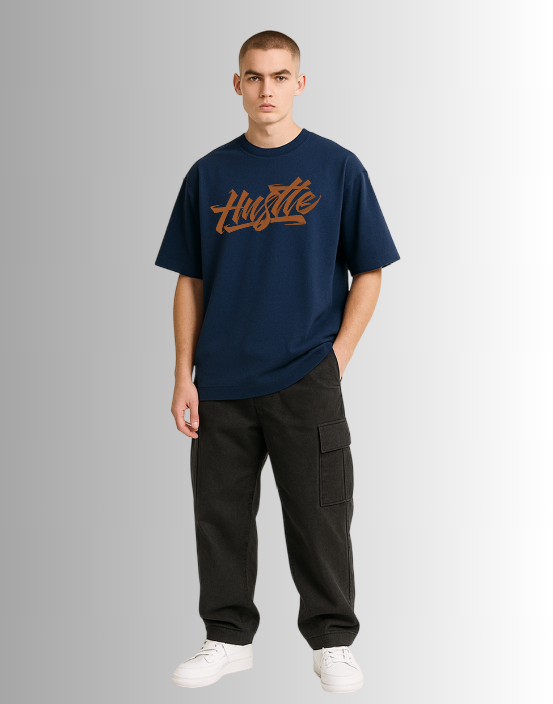 Hustle  Navy Blue Oversized Typography Printed Tshirt